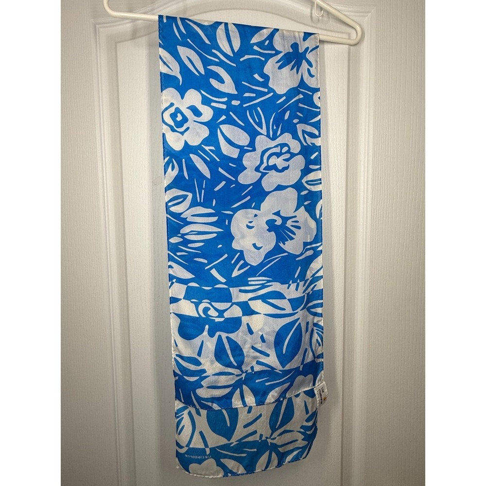 Vintage Liz Claiborne 100% Silk Scarf Blue & White 52 x 10 Floral Pattern